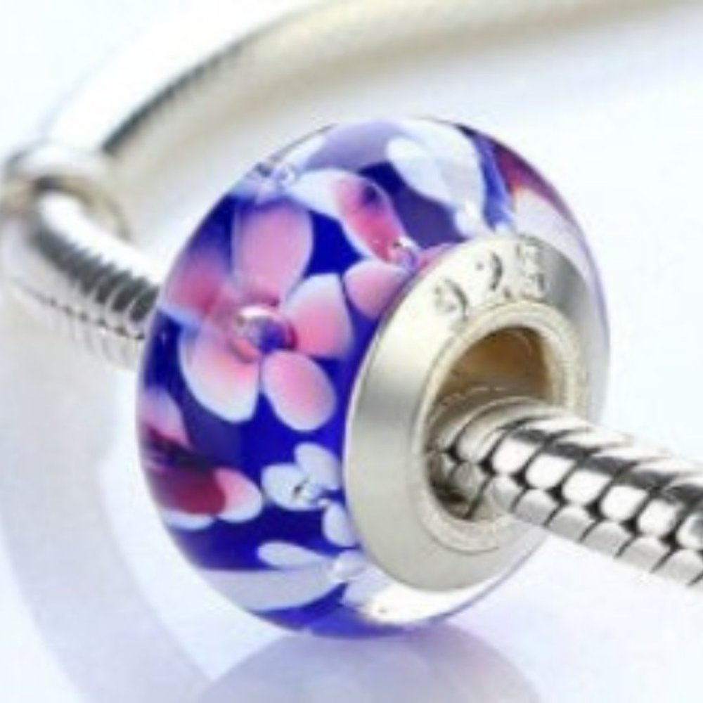 S 925 Pink and White Flowers murano glass bead